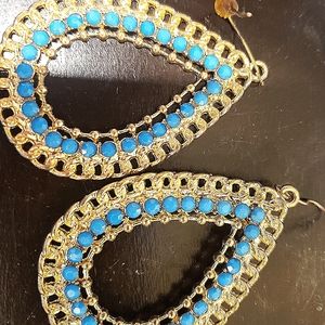 Vintage 80's  Gold colored & Baby blue Stones Teardrop Hoop Dangle 2" L Earrings